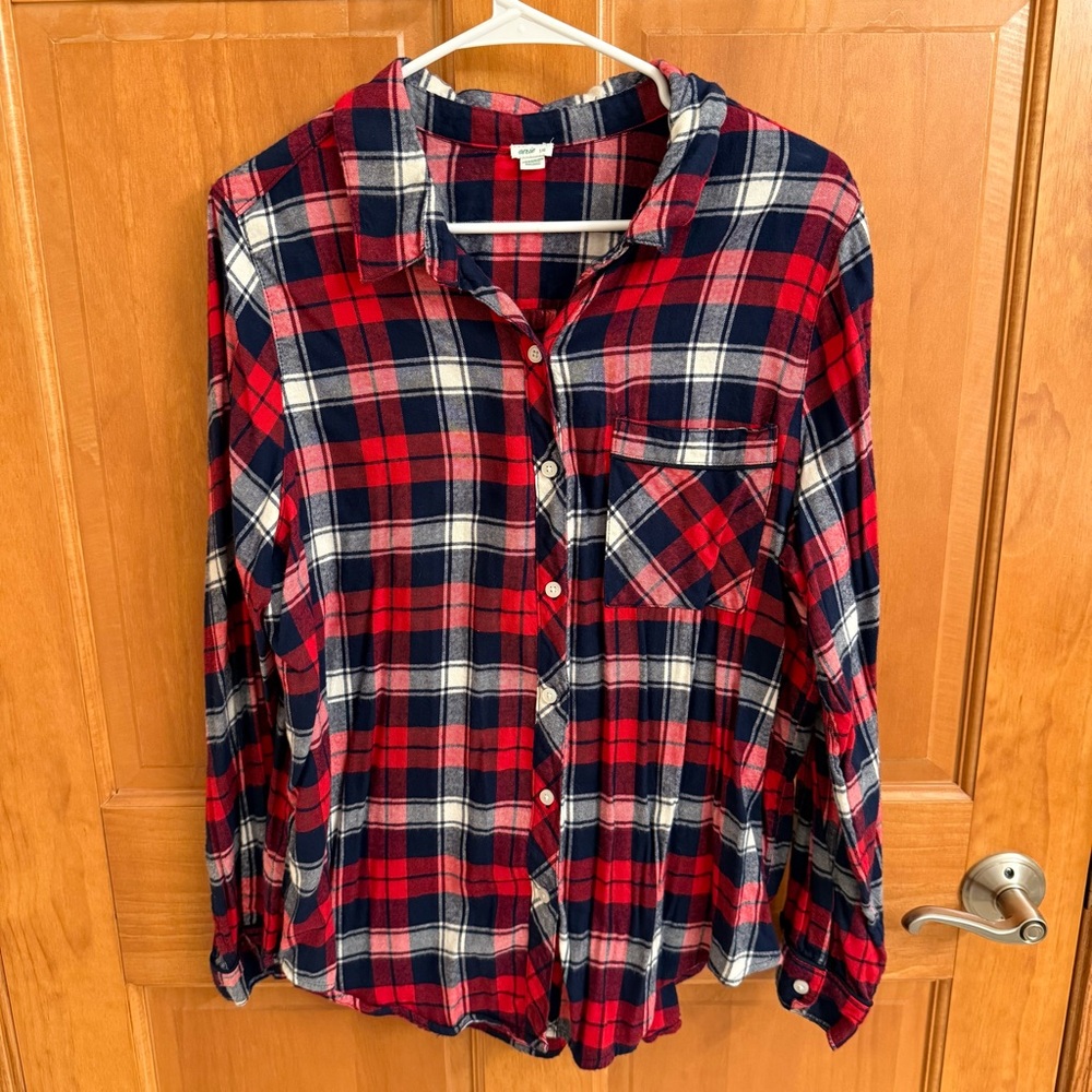 Aerie Red and Blue Plaid Button Down Shirt